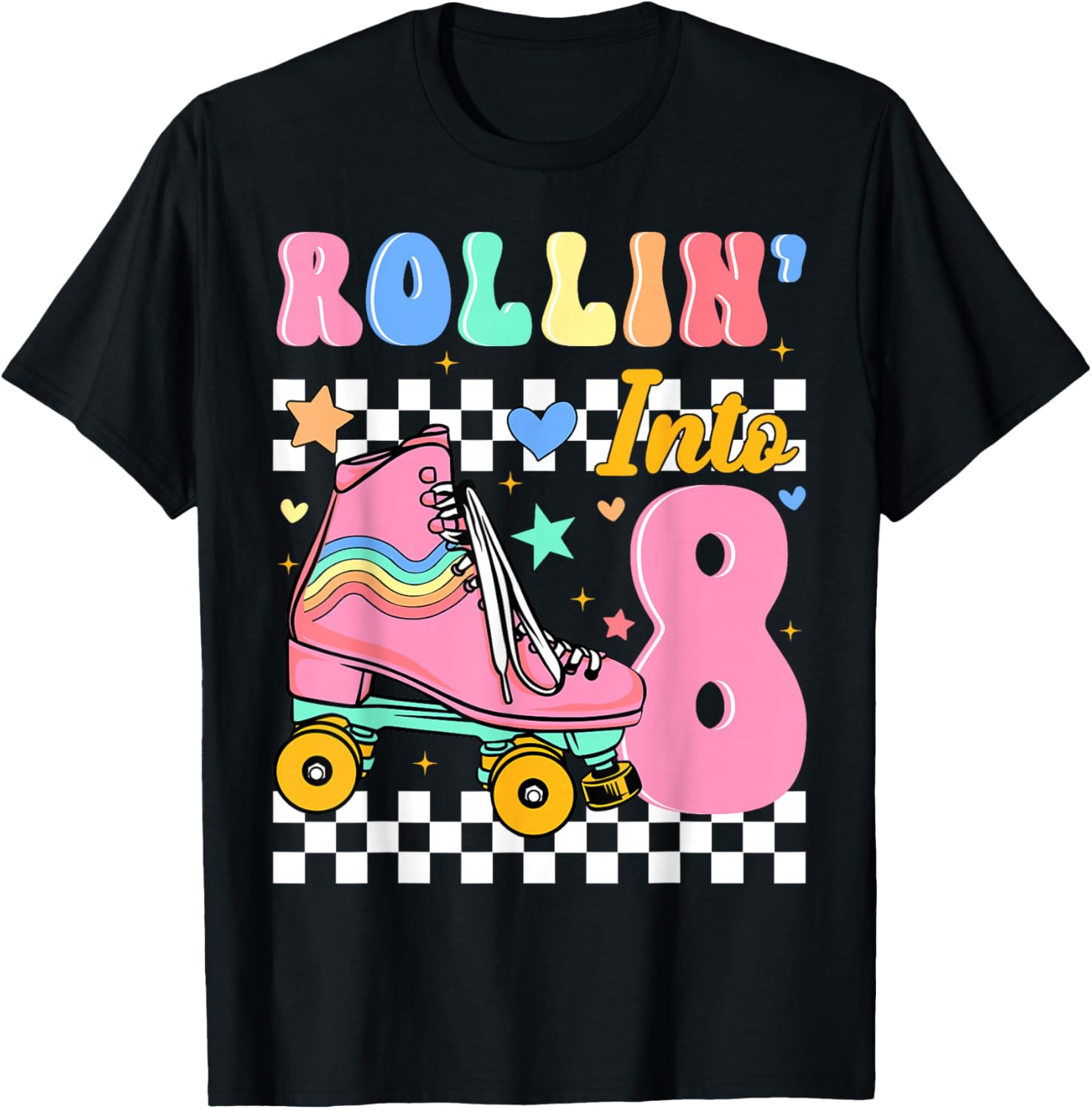 Rollin' Into 8 Years Old Roller Skating Girl 8th Birthday T-Shirt - T-Shirt | Black