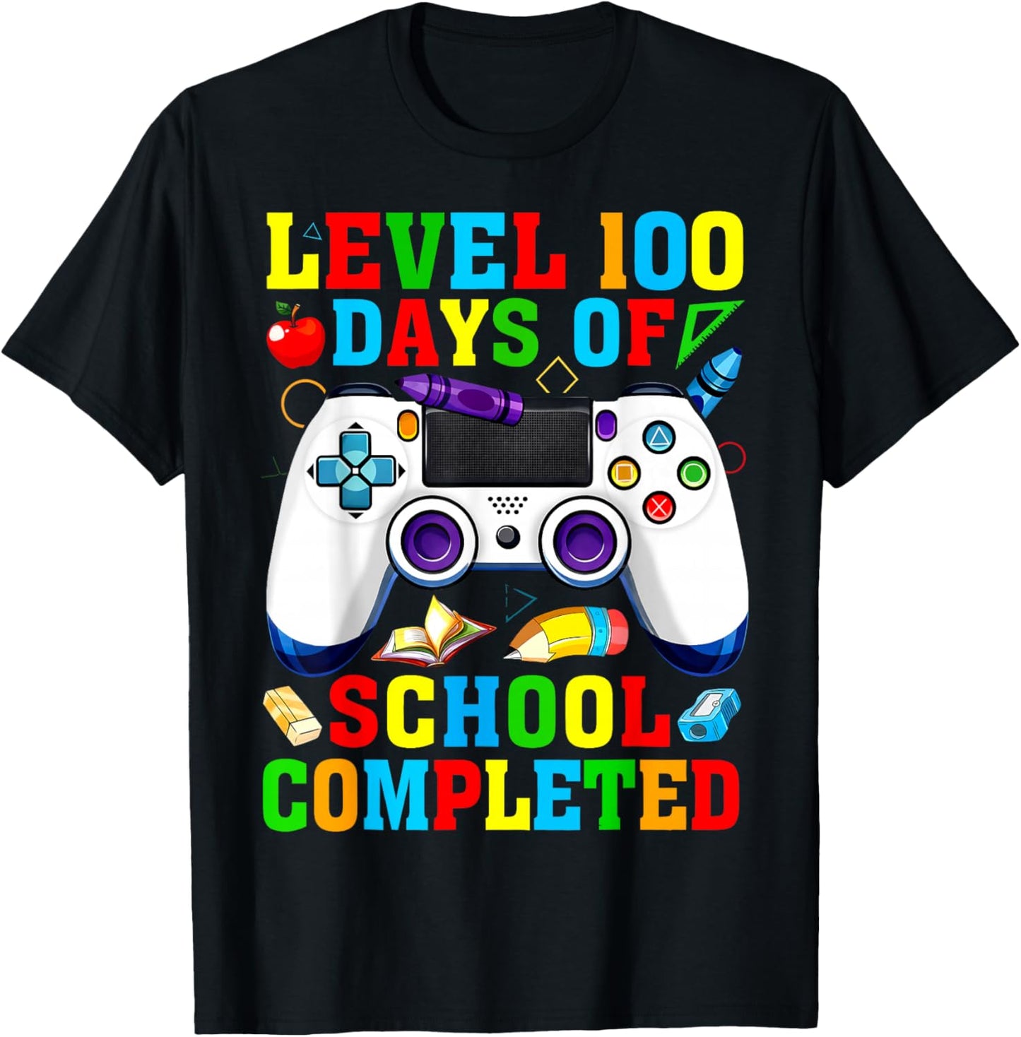 Level 100 Days of School Completed Video Game Controller T-Shirt - T-Shirt | Black