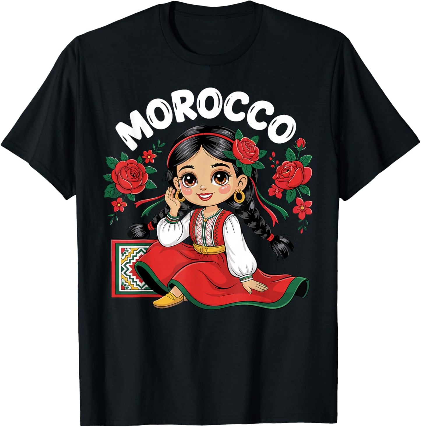 Moroccan Girl in Traditional Dress with Roses & Folk Outfit T-Shirt - T-Shirt | Black