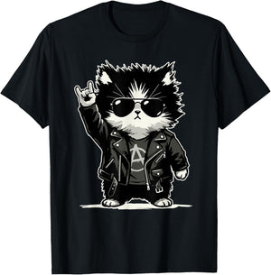 Retro Cat Rock Music Men Kids Women Funny Cat T-Shirt - T-Shirt | Black
