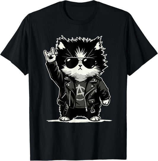 Retro Cat Rock Music Men Kids Women Funny Cat T-Shirt - T-Shirt | Black
