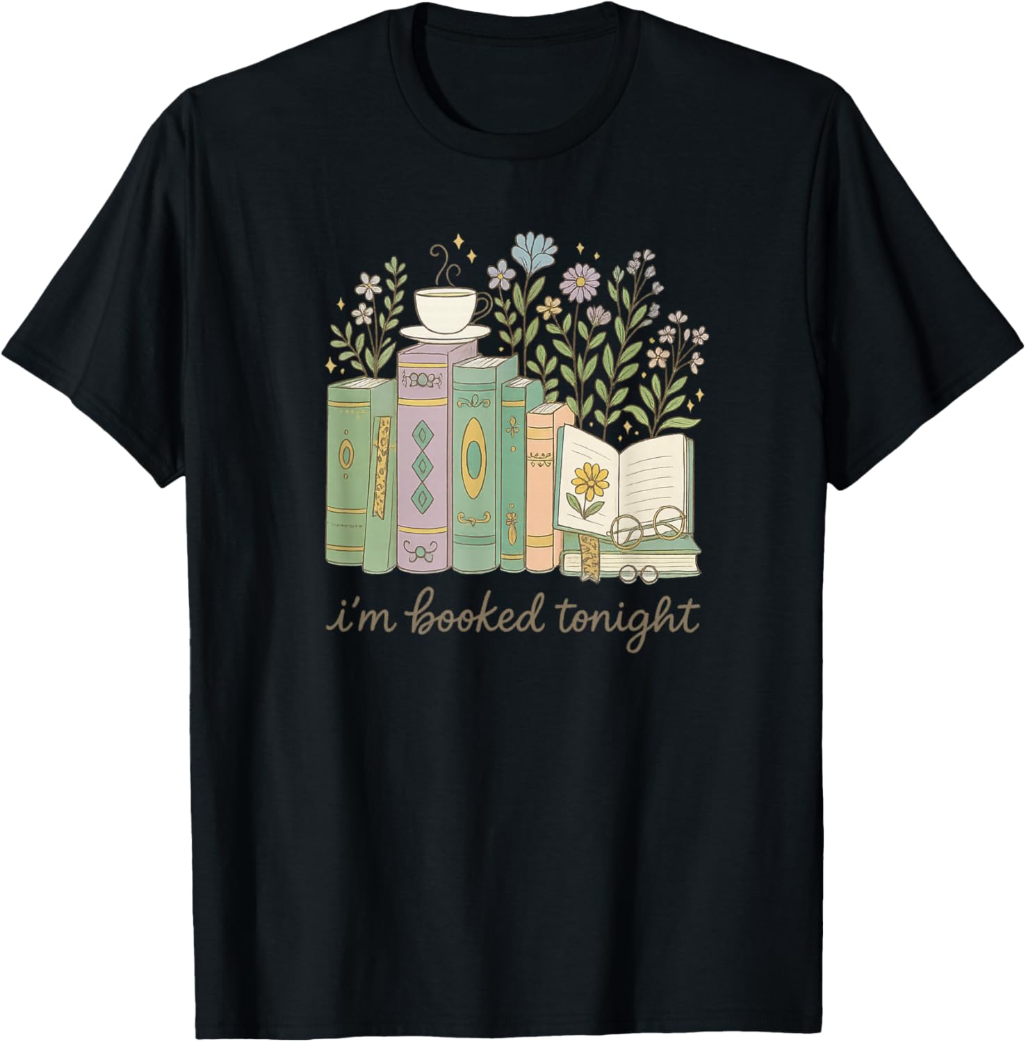 I'm Booked Tonight Cozy Floral Book Lover Graphic T-Shirt - T-Shirt | Black