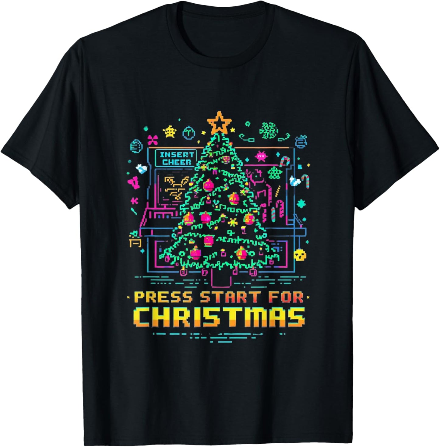 Arcade Pixel Neon Xmas Retro Gamer T-Shirt - T-Shirt | Black