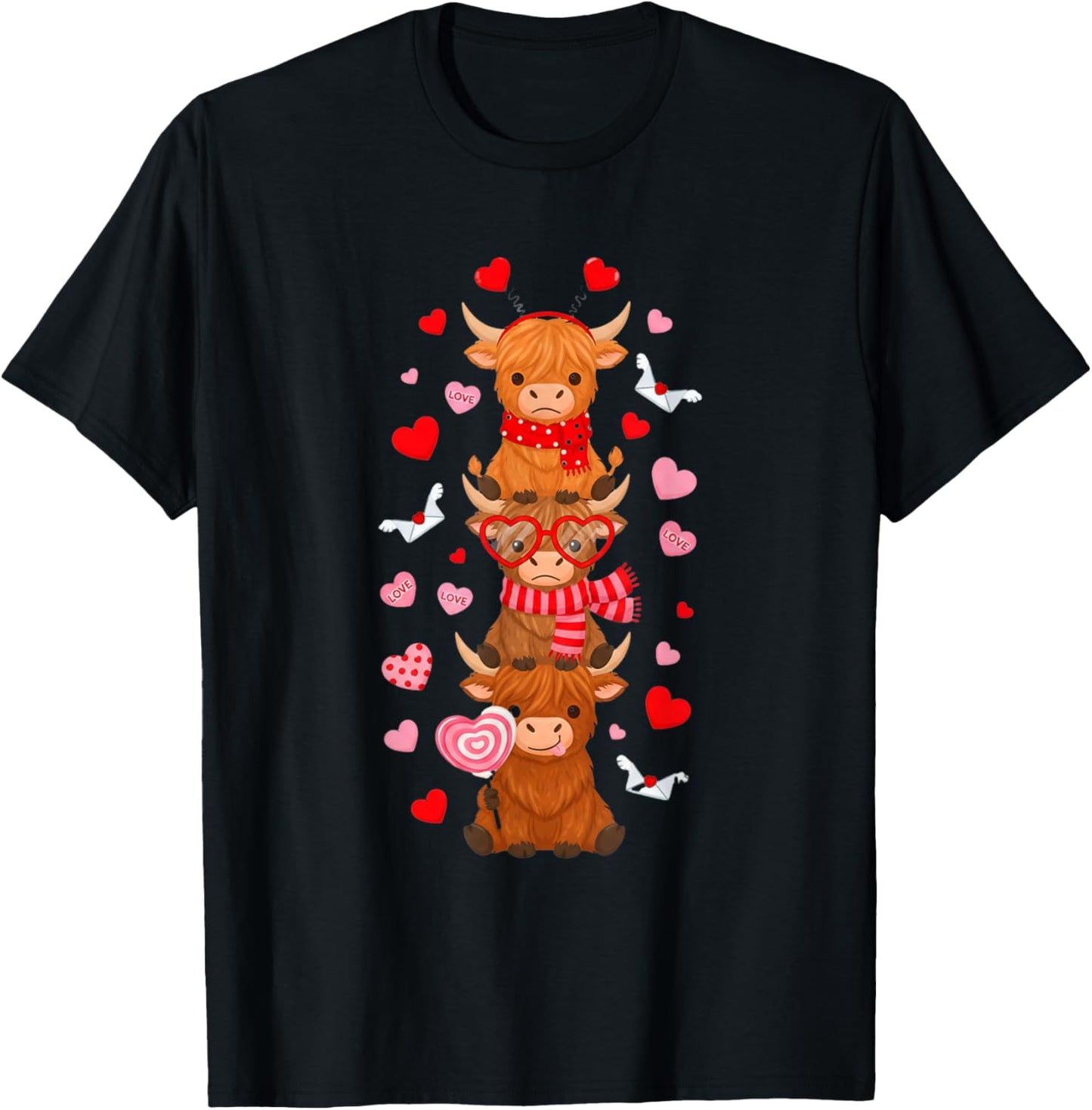 Cute Western Valentine Highland Cows with Heart Letter Women T-Shirt - T-Shirt | Black