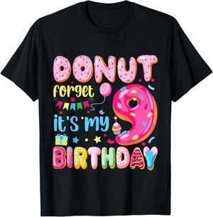 It's My 9th Birthday Donut Forget Pun Birthday 9 Years Old T-Shirt - T-Shirt | Black