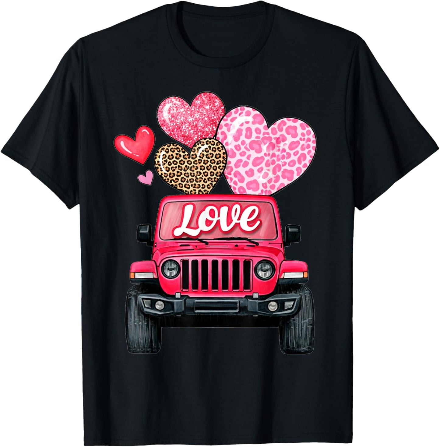 Valentine Love Truck Pink Off Road Leopard Print Hearts T-Shirt - T-Shirt | Black