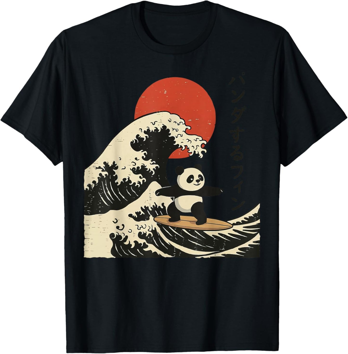 Panda Surfing Japanese Wave Great Wave T-Shirt - T-Shirt | Black