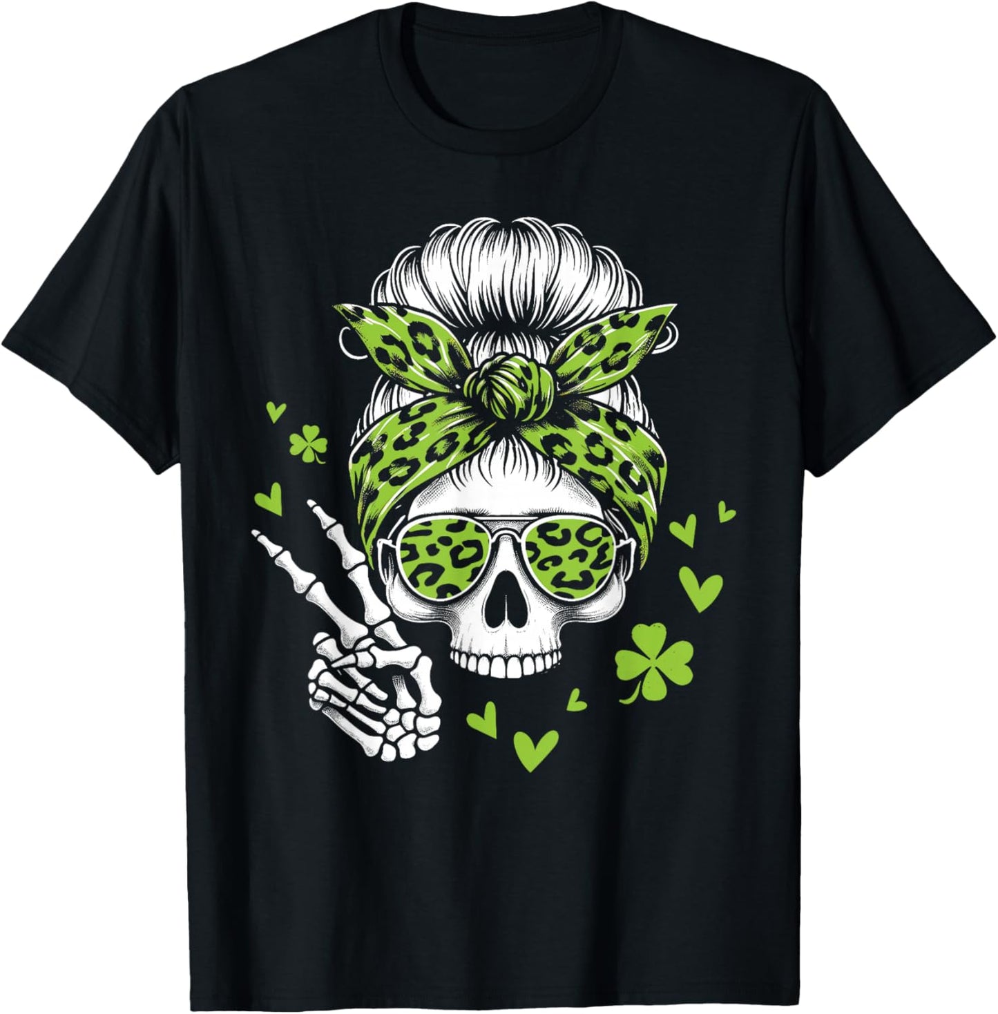 Skull St Patricks Day Shamrock Messy Hair Bun Irish Women T-Shirt - T-Shirt | Black