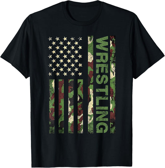 Wrestling Patriotic American US Flag Camo Wrestler T-Shirt - T-Shirt | Black