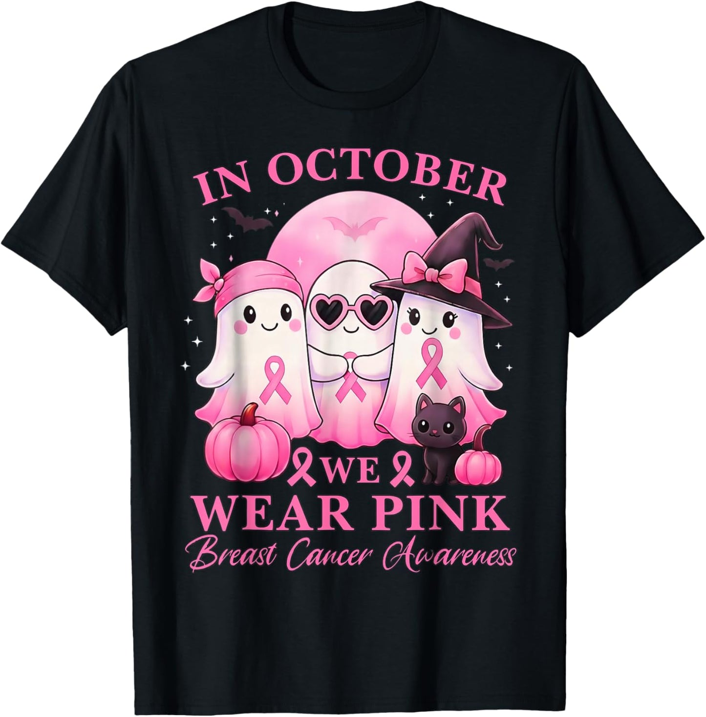 in October We Wear Pink Ghost Squad Breast Cancer Awareness T-Shirt - T-Shirt | Black