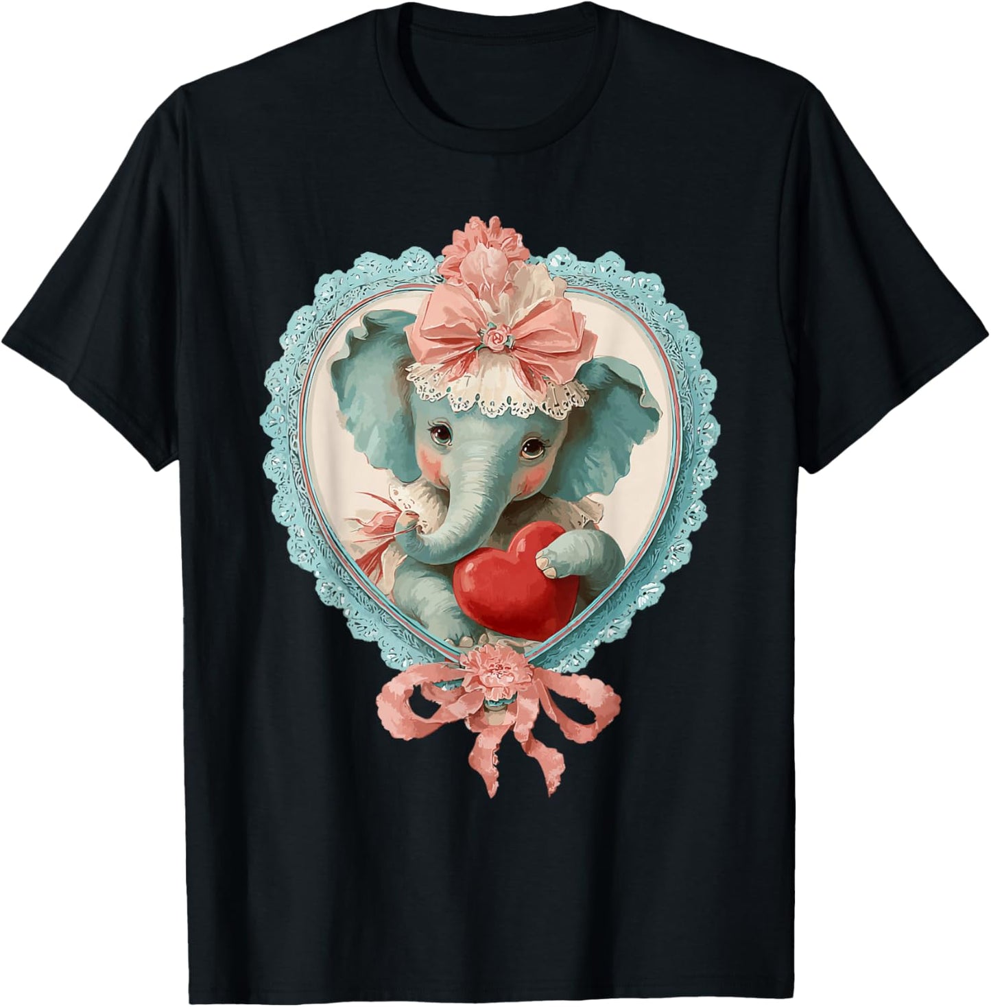 Cute Valentine Elephant with Heart Vintage Animal Coquette T-Shirt - T-Shirt | Black