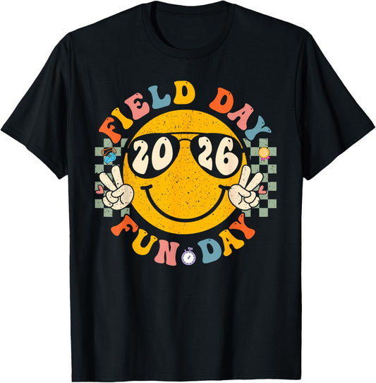 Field Day Fun Day 2026 Groovy Smile Face Checkered Students T-Shirt - T-Shirt | Black