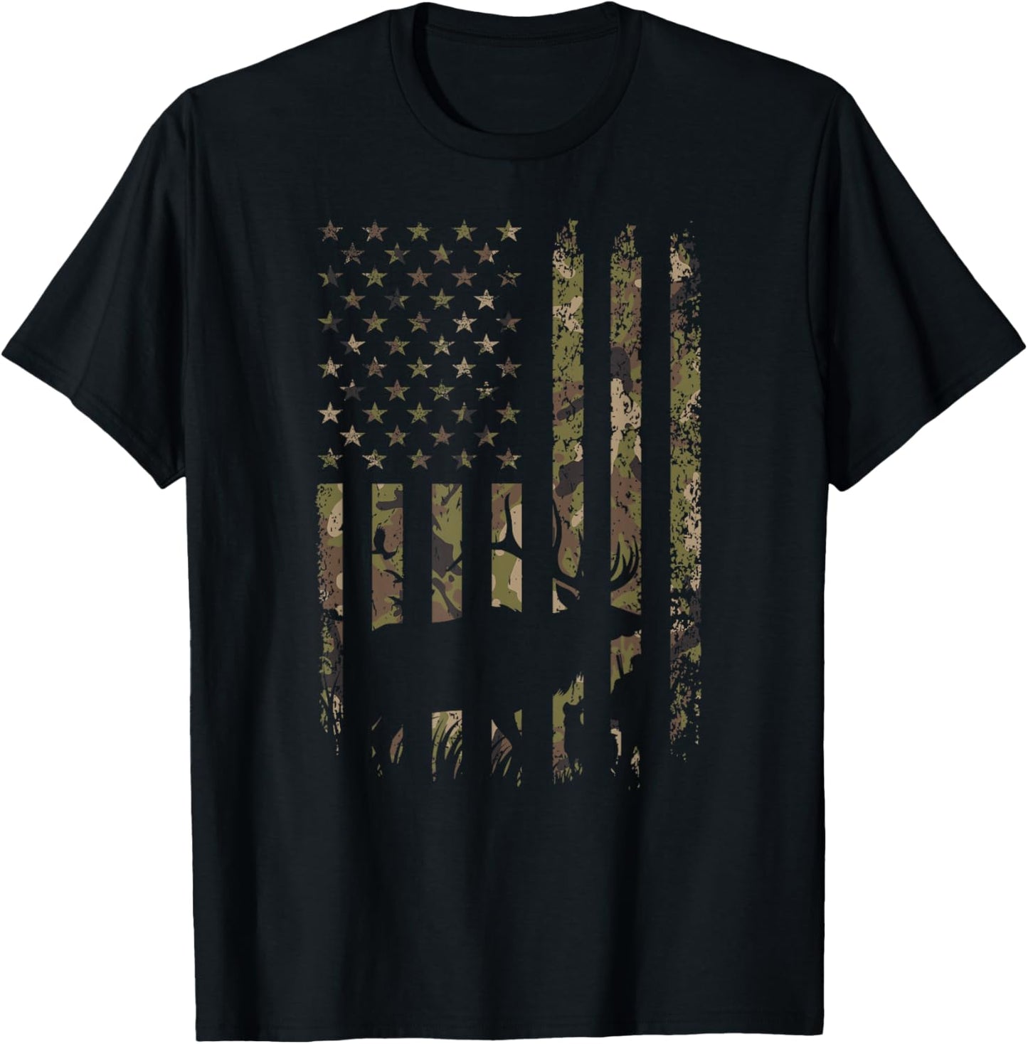 Outdoor Antlers Deer American Flag Camouflage T-Shirt - T-Shirt | Black