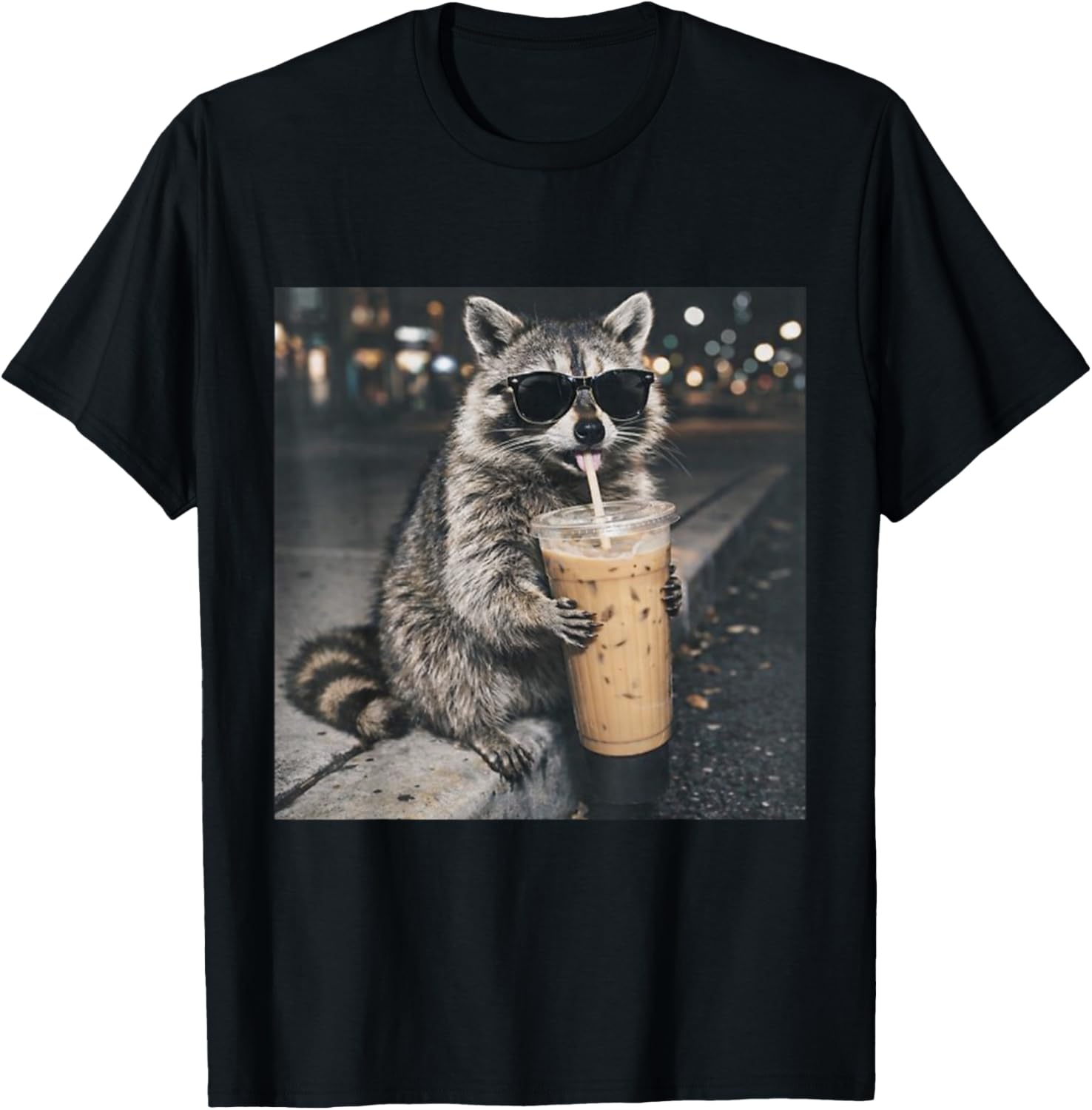 Raccoon Drinking Iced Coffee Funny Animal Meme Men Women T-Shirt - T-Shirt | Black