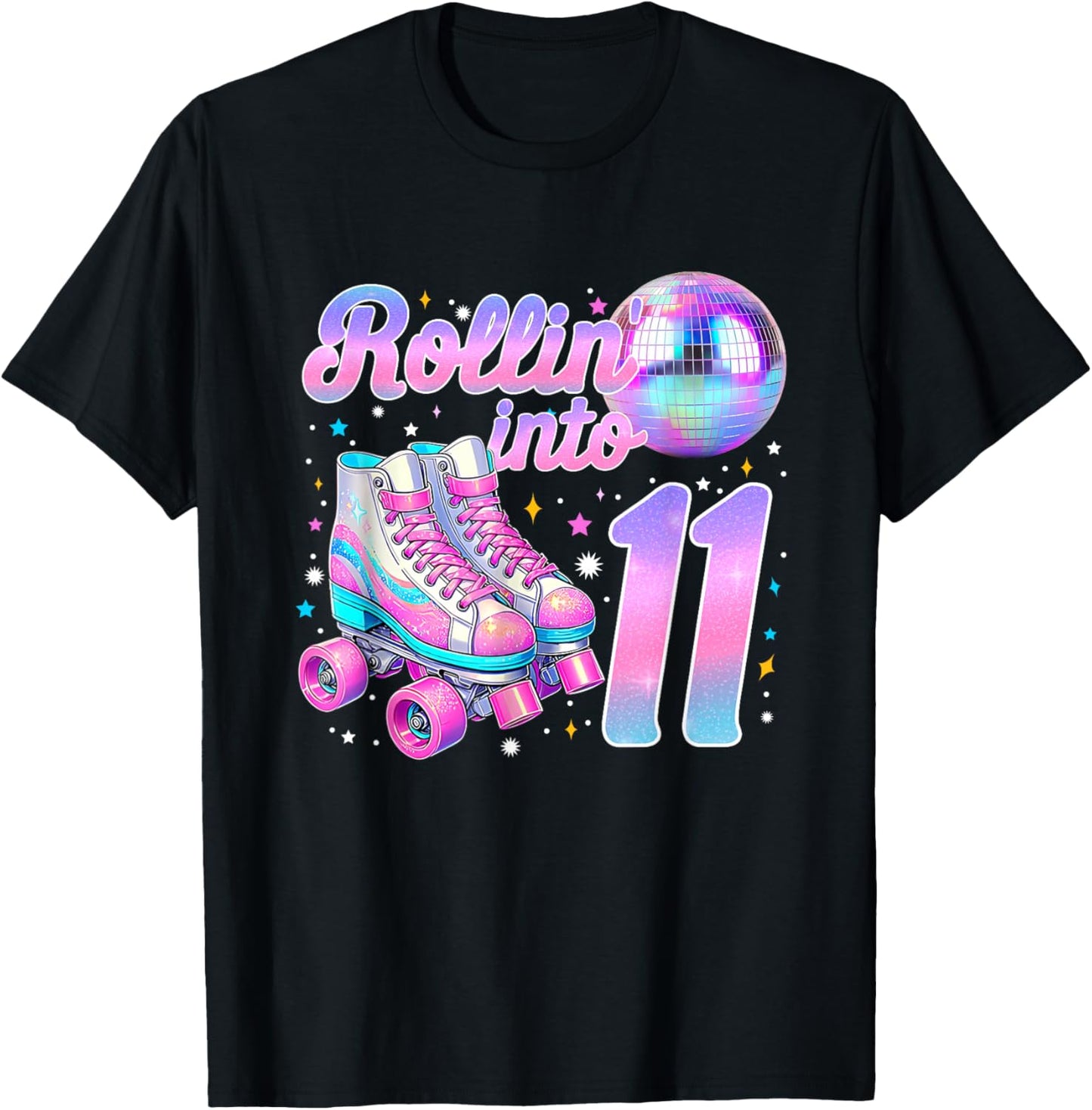 Rollin' Into 11 Roller Skating 11th Birthday Girl Bday Party T-Shirt - T-Shirt | Black