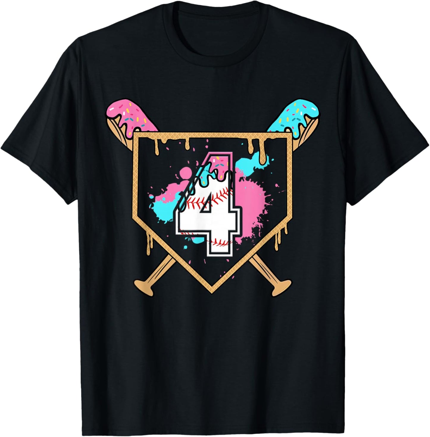 4th Birthday Baseball Bat Ice-Cream Drip 4yrs Old Boys Girls T-Shirt - T-Shirt | Black