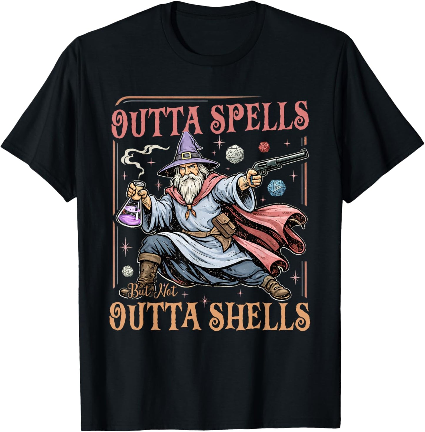 Outta Spells But Not Outta Shells Wizard Fantasy Meme T-Shirt - T-Shirt | Black
