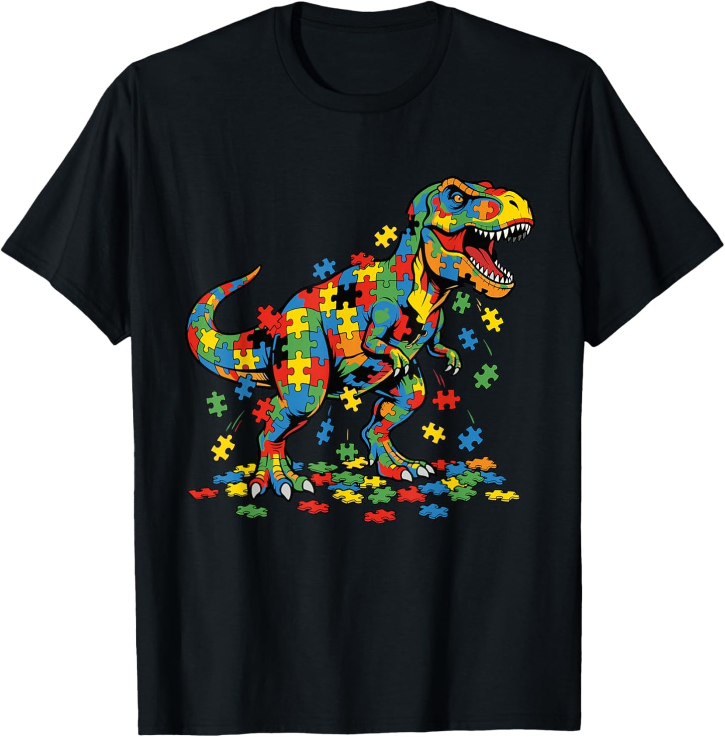 Autism Awareness Dinosaur Colorful Puzzle Autistic T rex T-Shirt - T-Shirt | Black