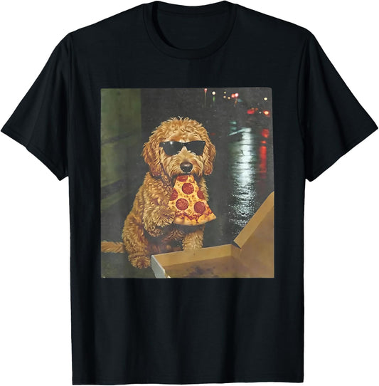 Dog Eating Pizza Funny Goldendoodle Meme T-Shirt - T-Shirt | Black