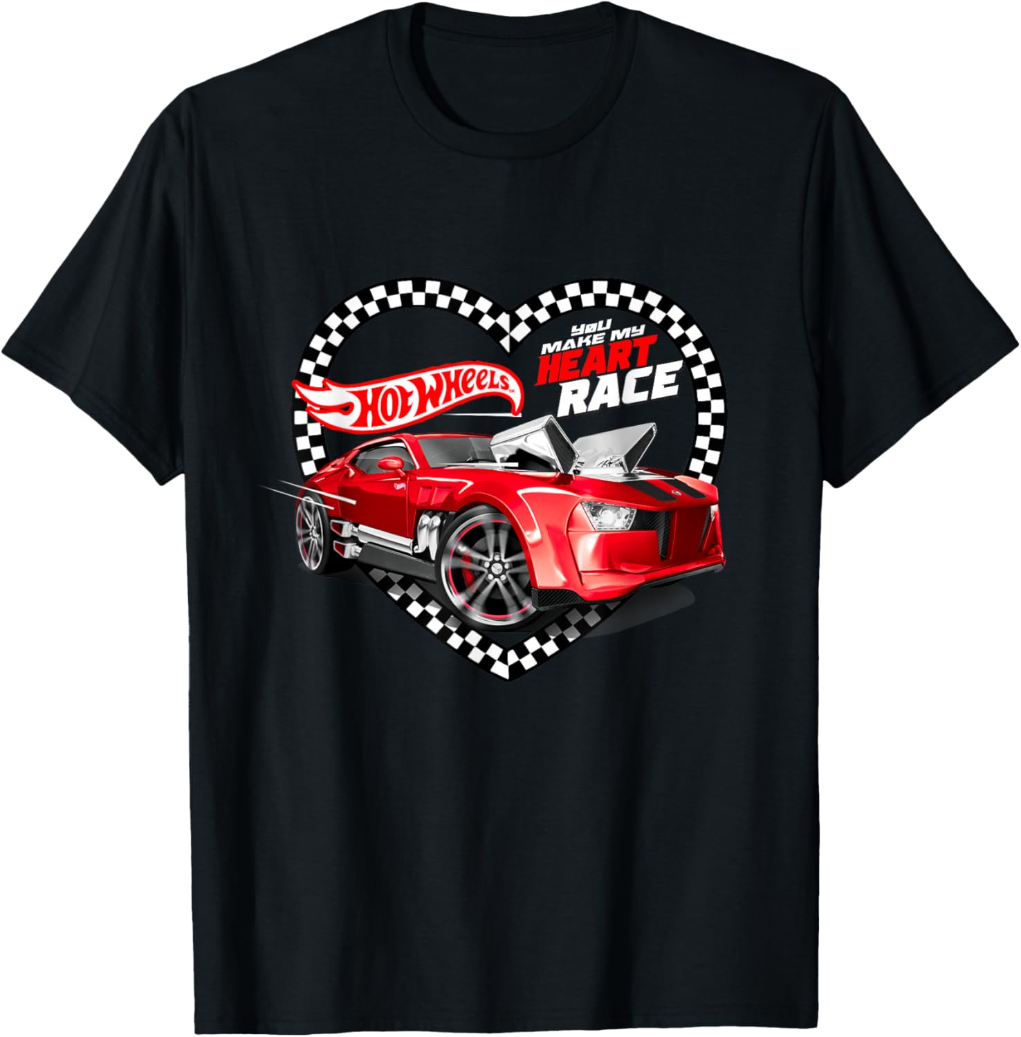 Hot Wheels Valentine's Day You Make My Heart Race Flag T-Shirt - T-Shirt | Black