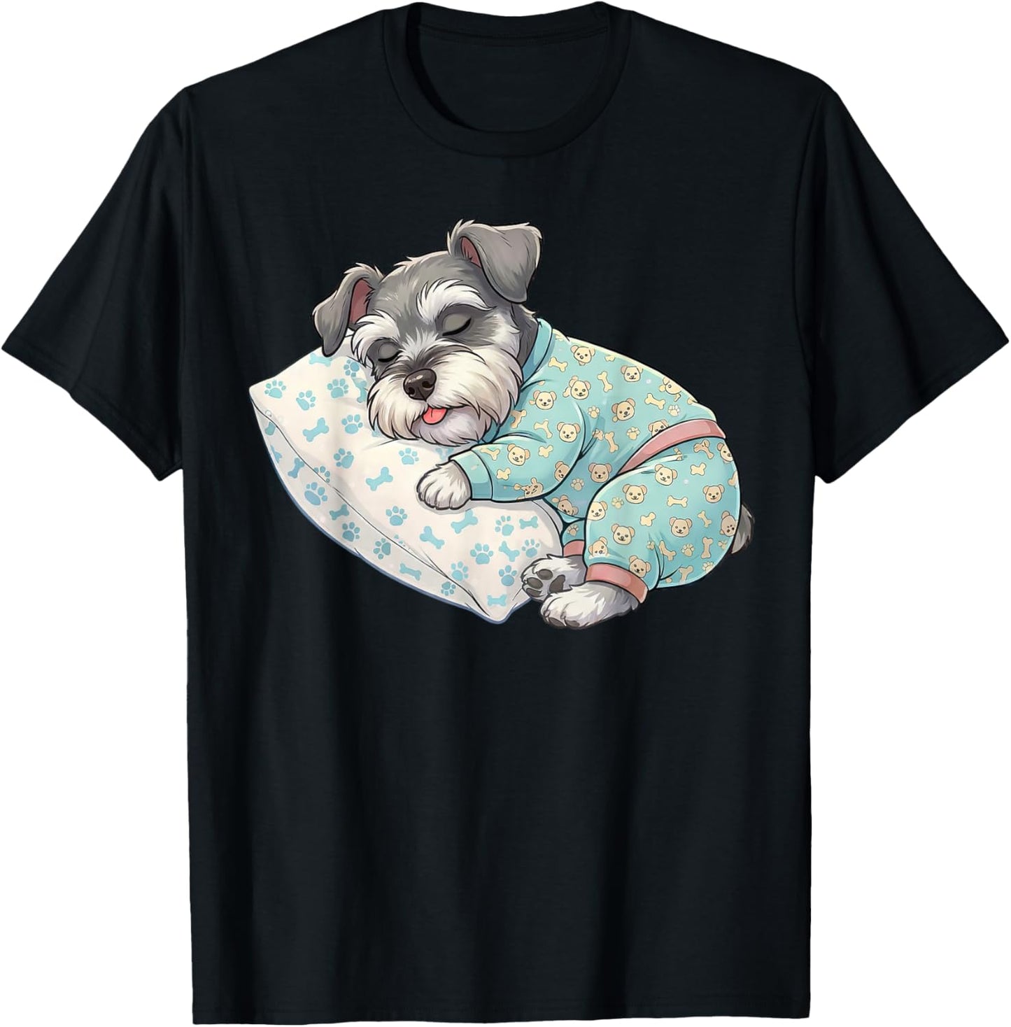 Cute Miniature Schnauzer Dog Sleeping in Pajamas Bedtime Art T-Shirt - T-Shirt | Black