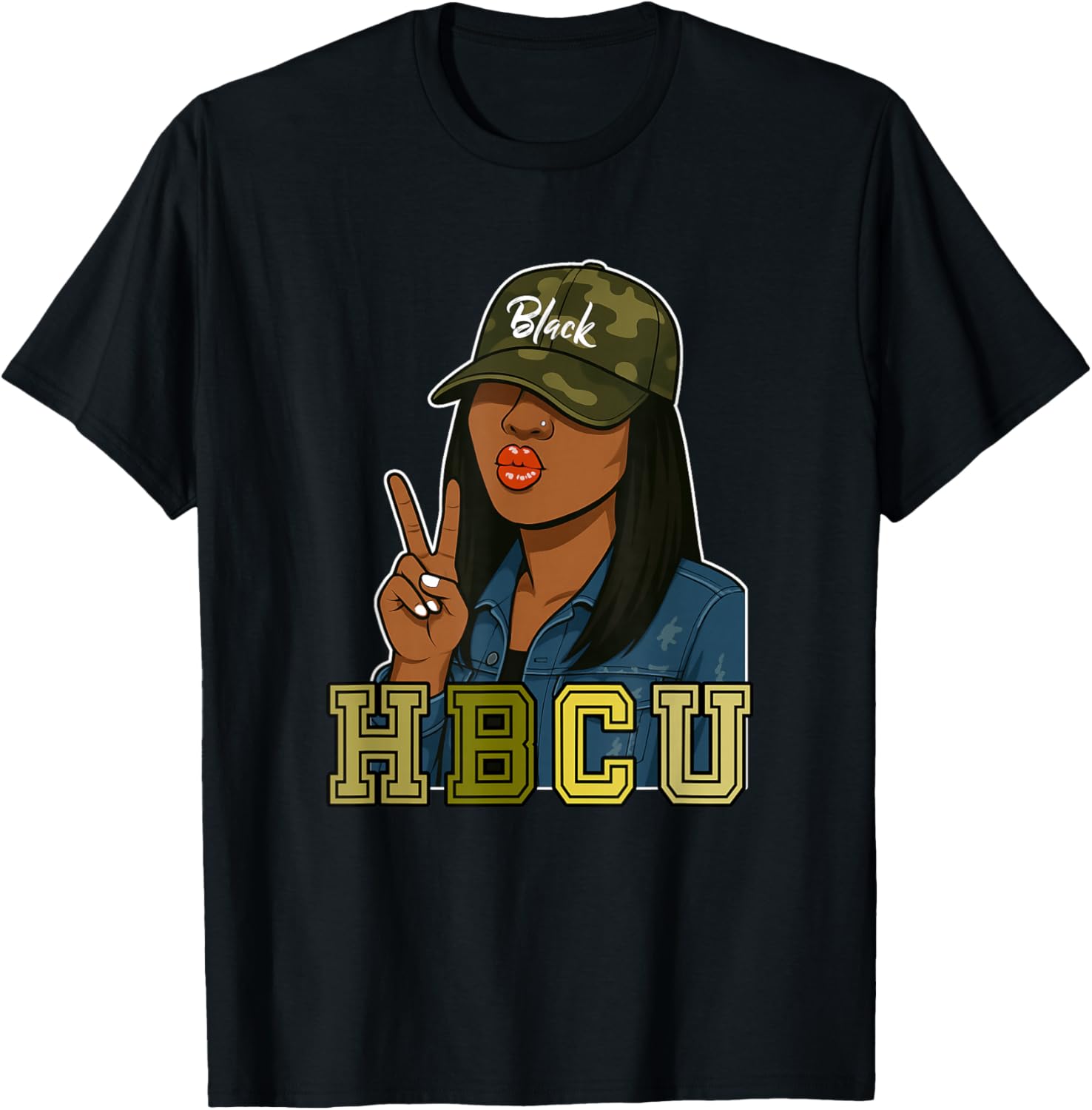 HBCU Camo Hat Peace Sign Black Woman Grad T-Shirt - T-Shirt | Black