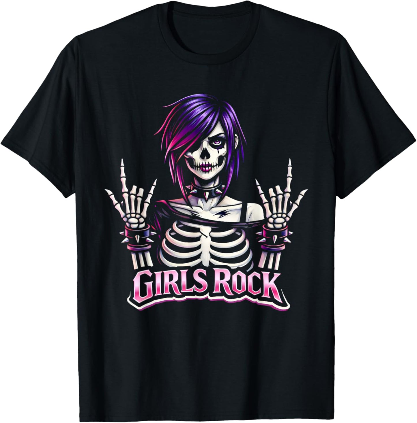 Girls Rock, Rock'n Roll Girl, Skeleton Rocker Gothic Goth T-Shirt - T-Shirt | Black