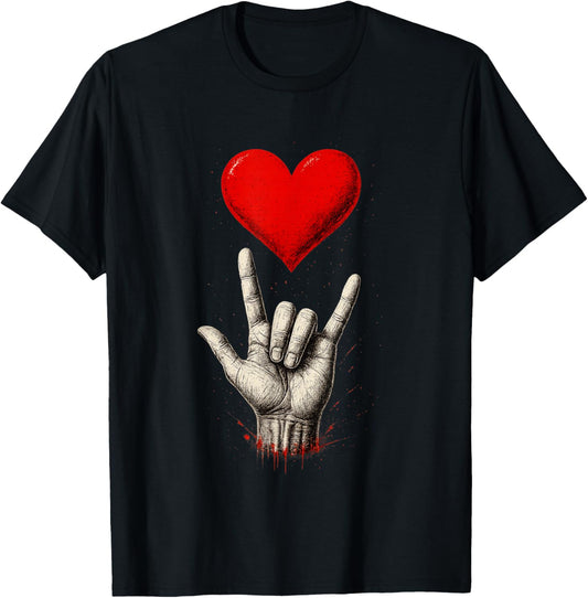 Valentines Day I Love You Hand Sign ASL Heart Women Kids Men T-Shirt - T-Shirt | Black