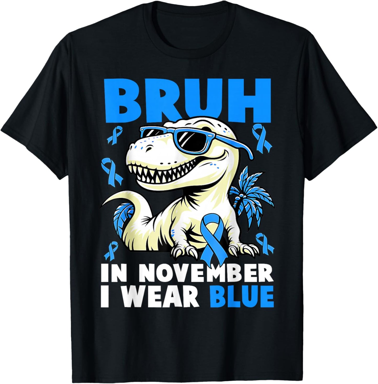Bruh We Wear Blue Dinosaur Diabetes Awareness Boy Kid Type 1 T-Shirt - T-Shirt | Black