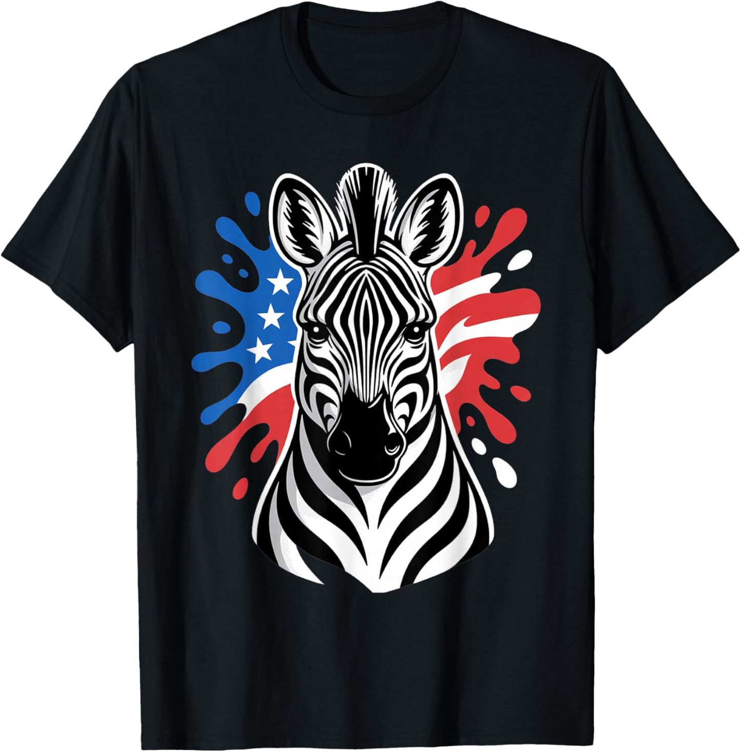 Patriotic Zebra Red White Blue American Flag Paint Splash T-Shirt - T-Shirt | Black