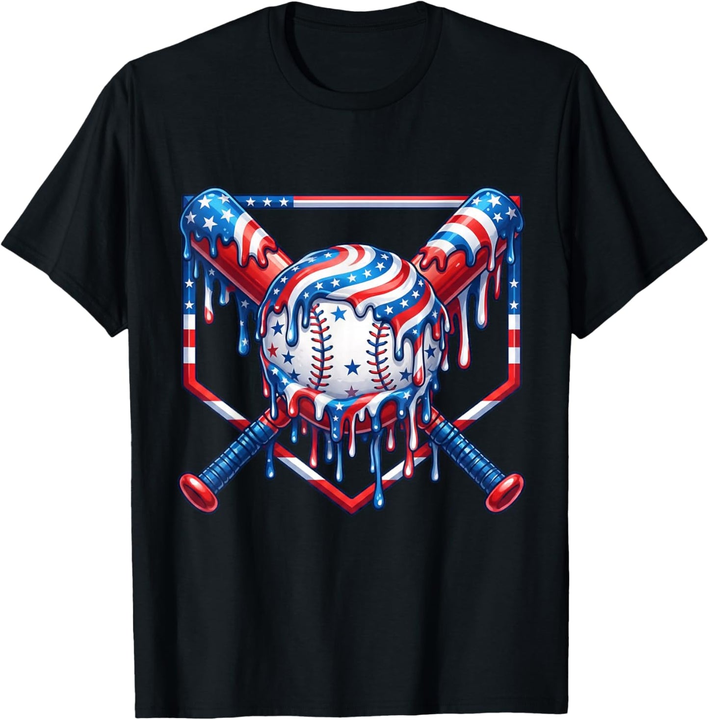 Baseball Drip American Flag for Boys Kids Youht 4th of July T-Shirt - T-Shirt | Black