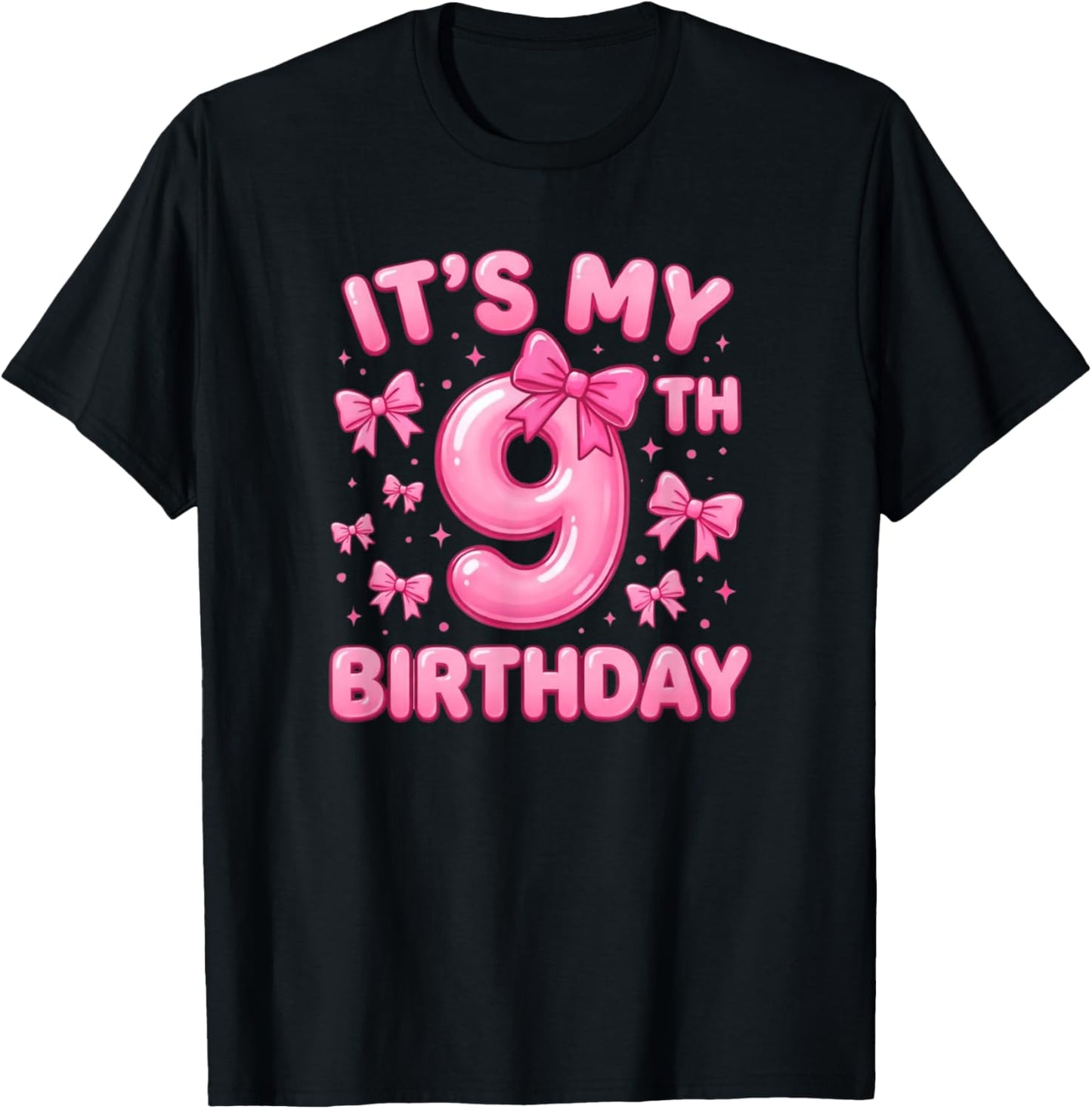 9th Birthday Girl Coquette Bow Pink Aesthetic T-Shirt - T-Shirt | Black