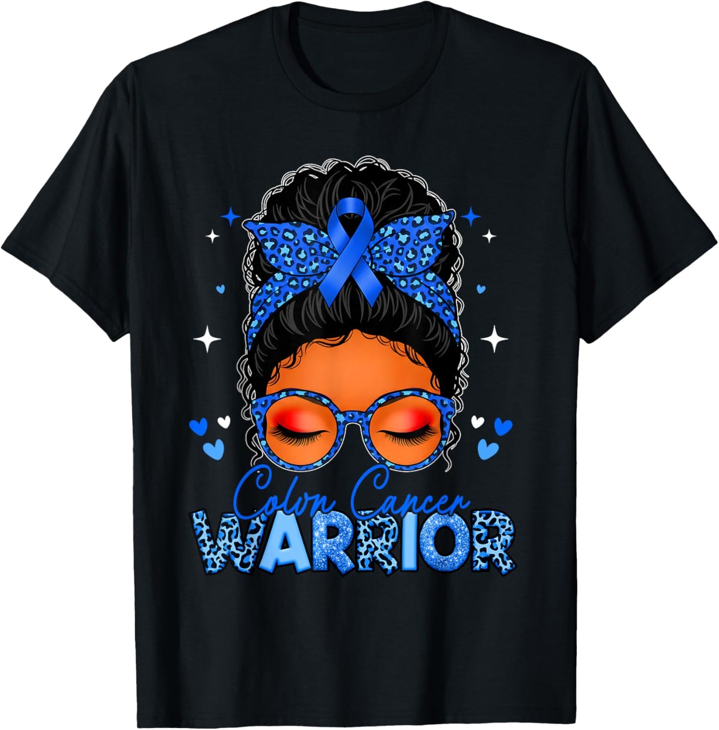 Colon Cancer Warrior Blue Messy Bun Colon Cancer Awareness T-Shirt - T-Shirt | Black