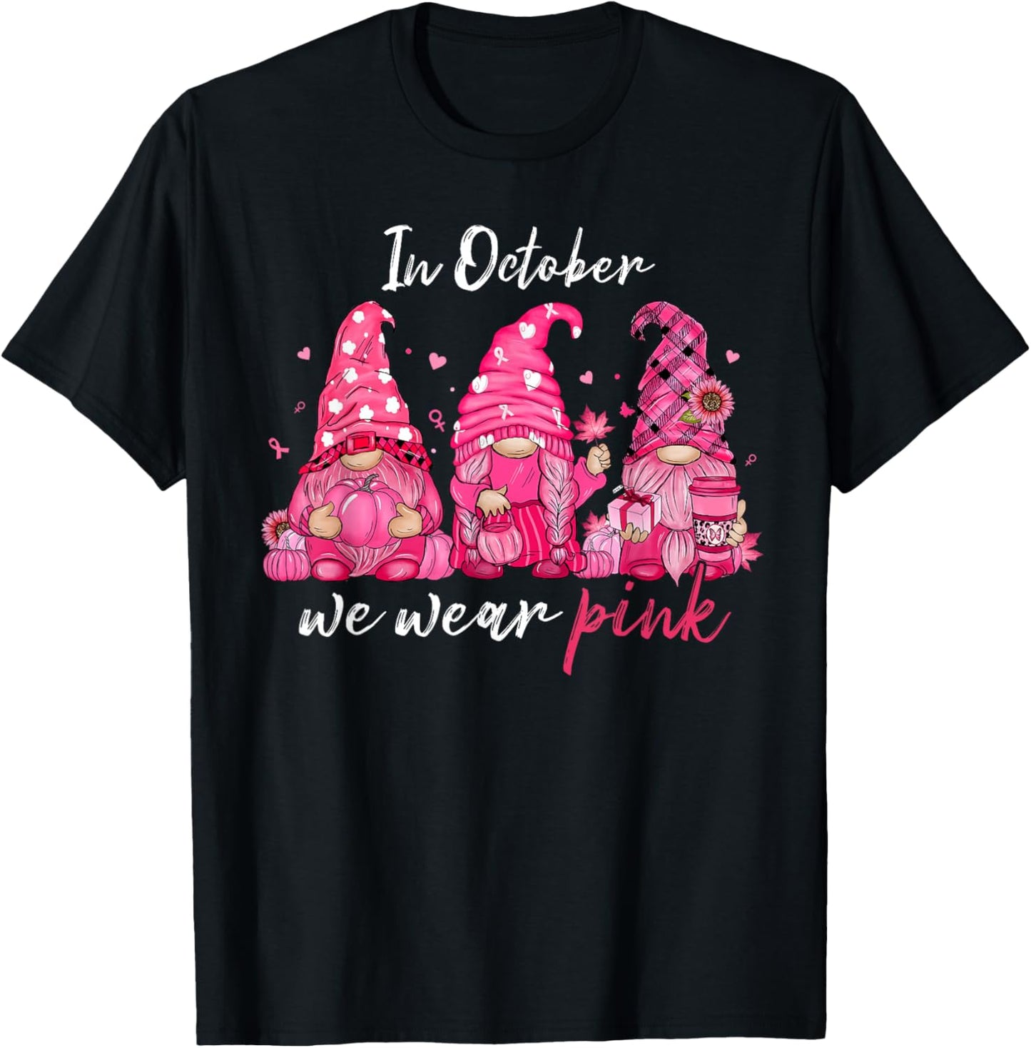in October We Wear Pink Breast Cancer Gnomes Women Men Kids T-Shirt - T-Shirt | Black
