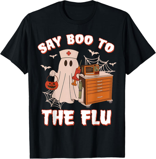 Retro Nurse Ghost Halloween-Vaccine Say Boo to The Flu T-Shirt - T-Shirt | Black