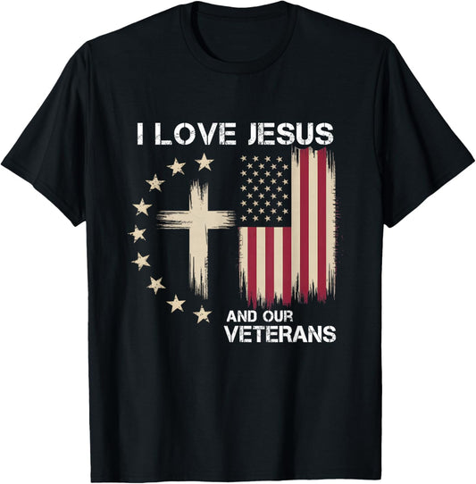 I Love Jesus and Our Veterans Patriotic Cross T-Shirt - T-Shirt | Black