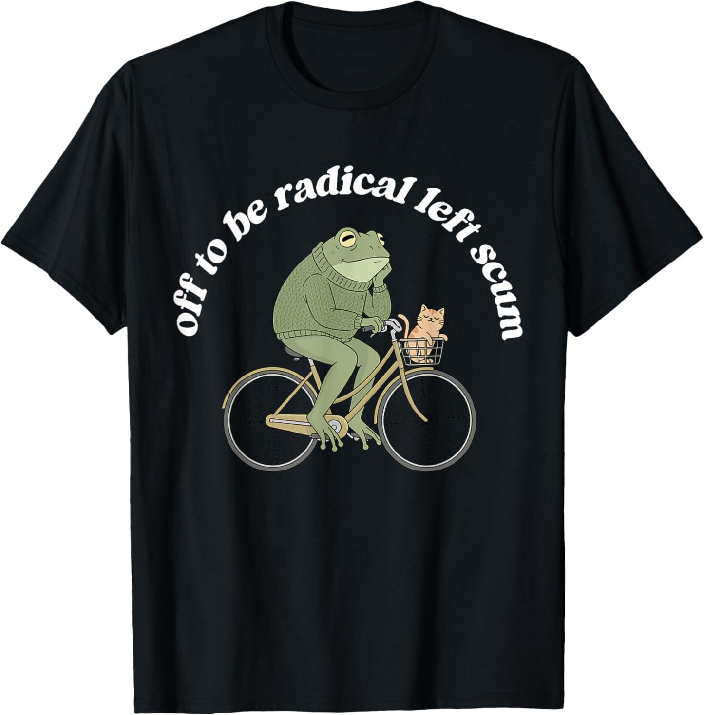 Off to Be Radical Left Funny Cum Frog and Cat Bicycle Print T-Shirt - T-Shirt | Black