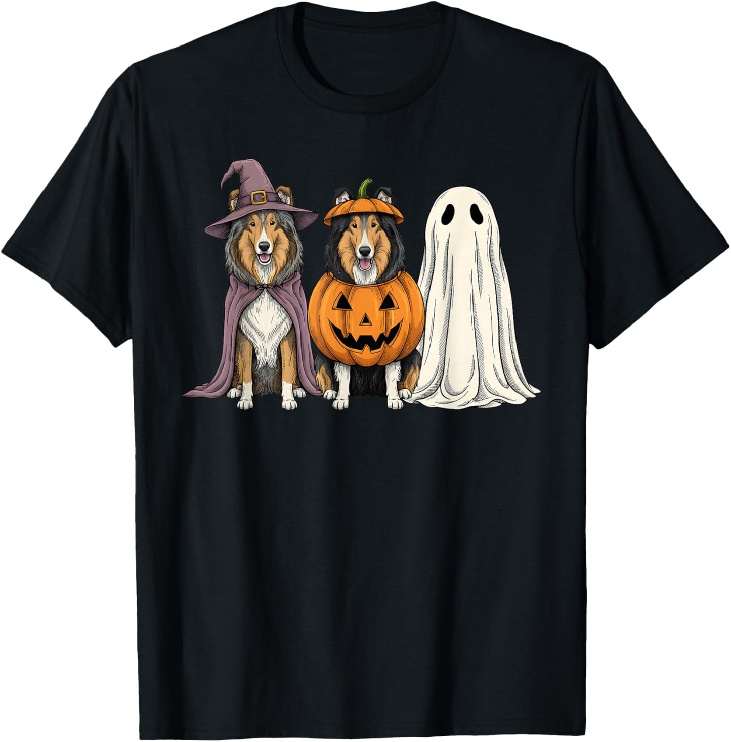 Spooky Ghost Rough Collie Pumpkin Halloween Dog Lover T-Shirt - T-Shirt | Black