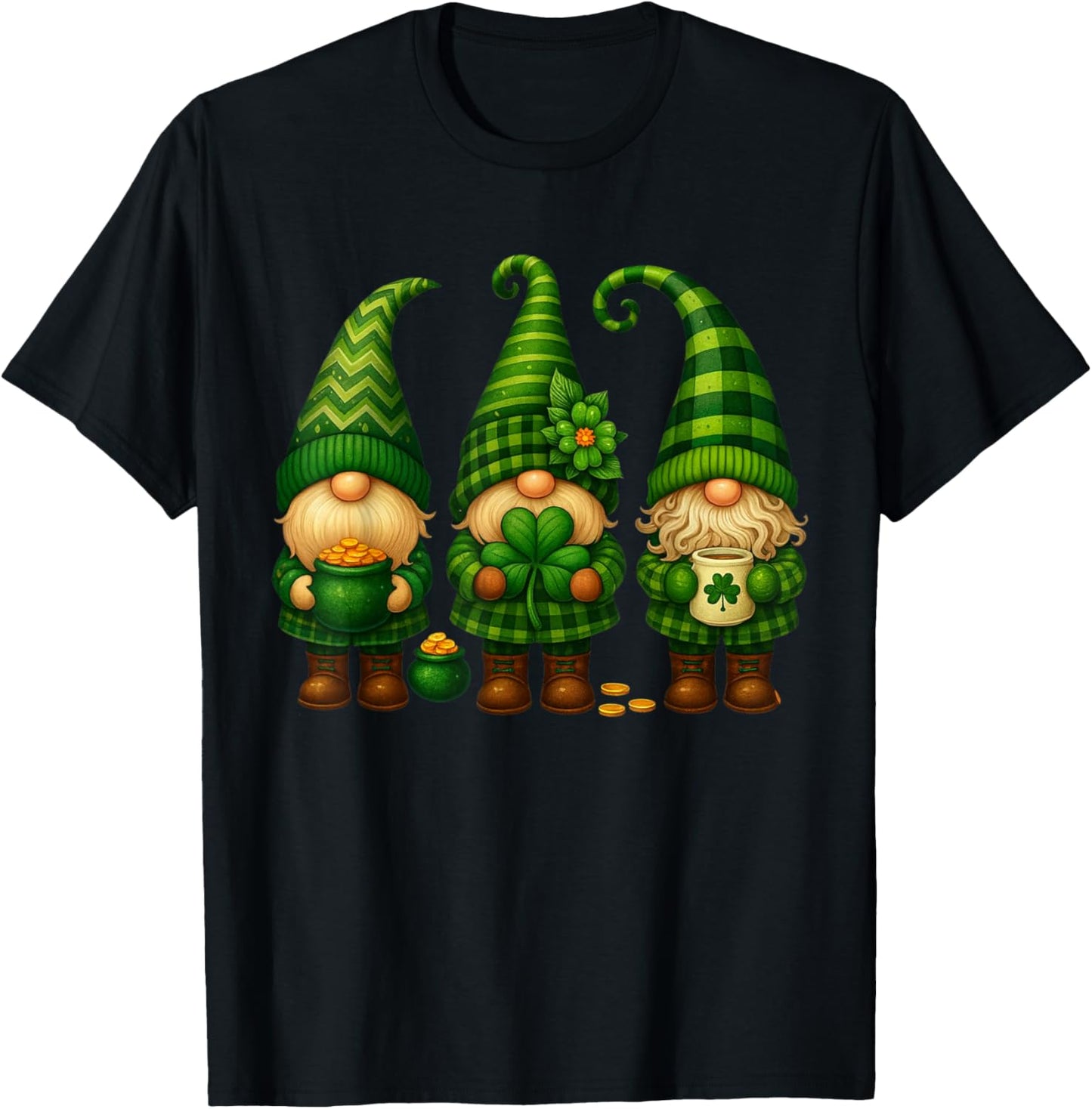 St Patricks Day Cute Lucky Gnomes Shamrock Irish Women Men T-Shirt - T-Shirt | Black