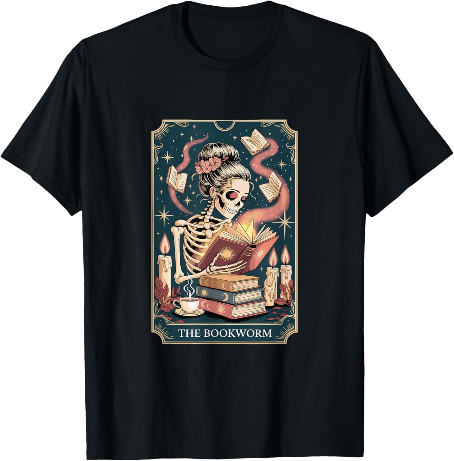 The Bookworm Skeleton Reading Tarot Gothic Dark Academia T-Shirt - T-Shirt | Black