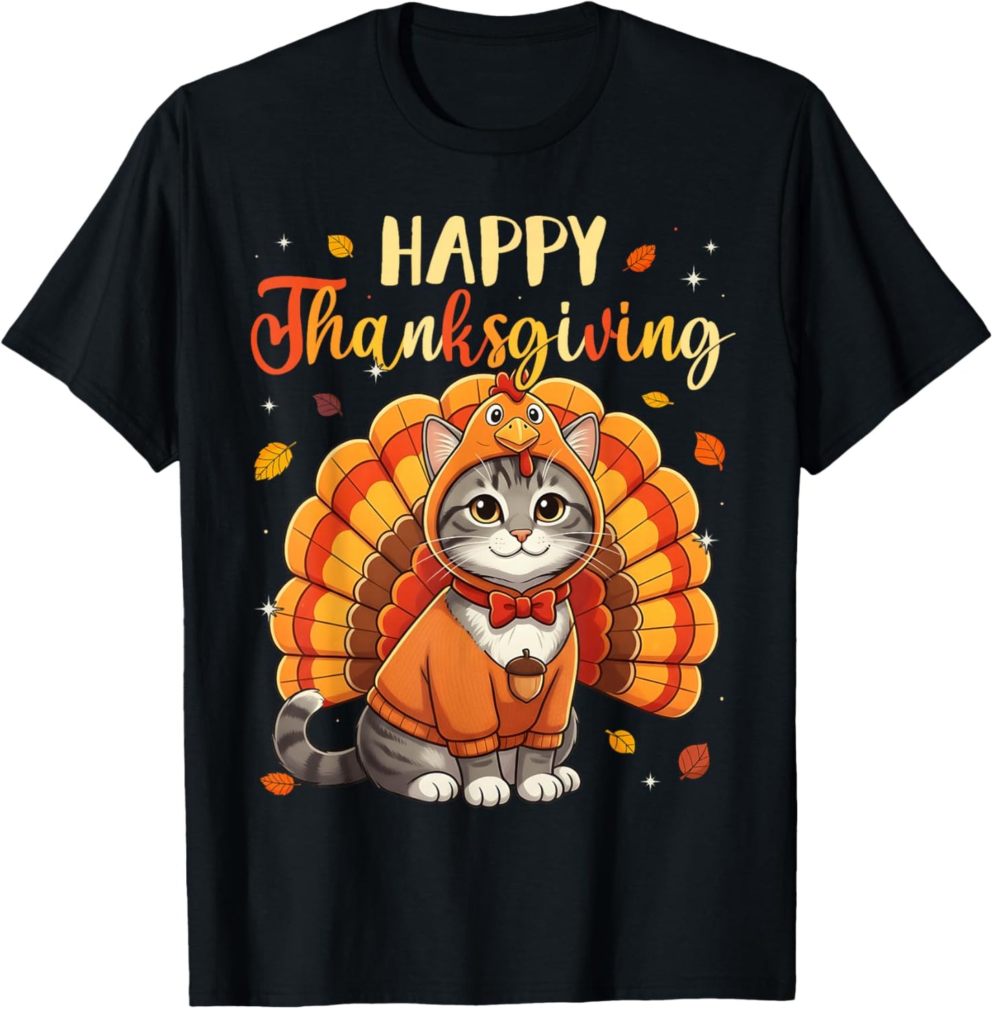 Happy Thanksgiving Cat Turkey Day Fall Women Girls Kids Men T-Shirt - T-Shirt | Black