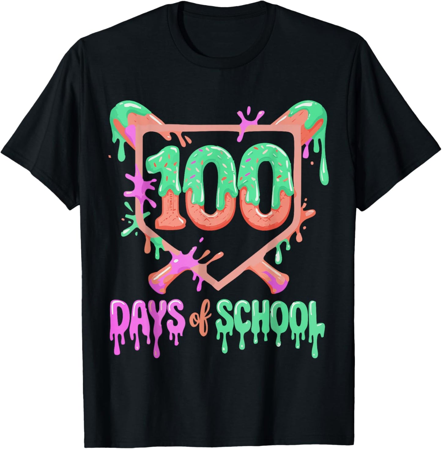 100 Days of School Baseball Ice Cream Drip 100th Day Player T-Shirt - T-Shirt | Black