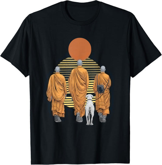 Three Monks and Aloka Dog Spiritual Zen Art Peaceful T-Shirt - T-Shirt | Black