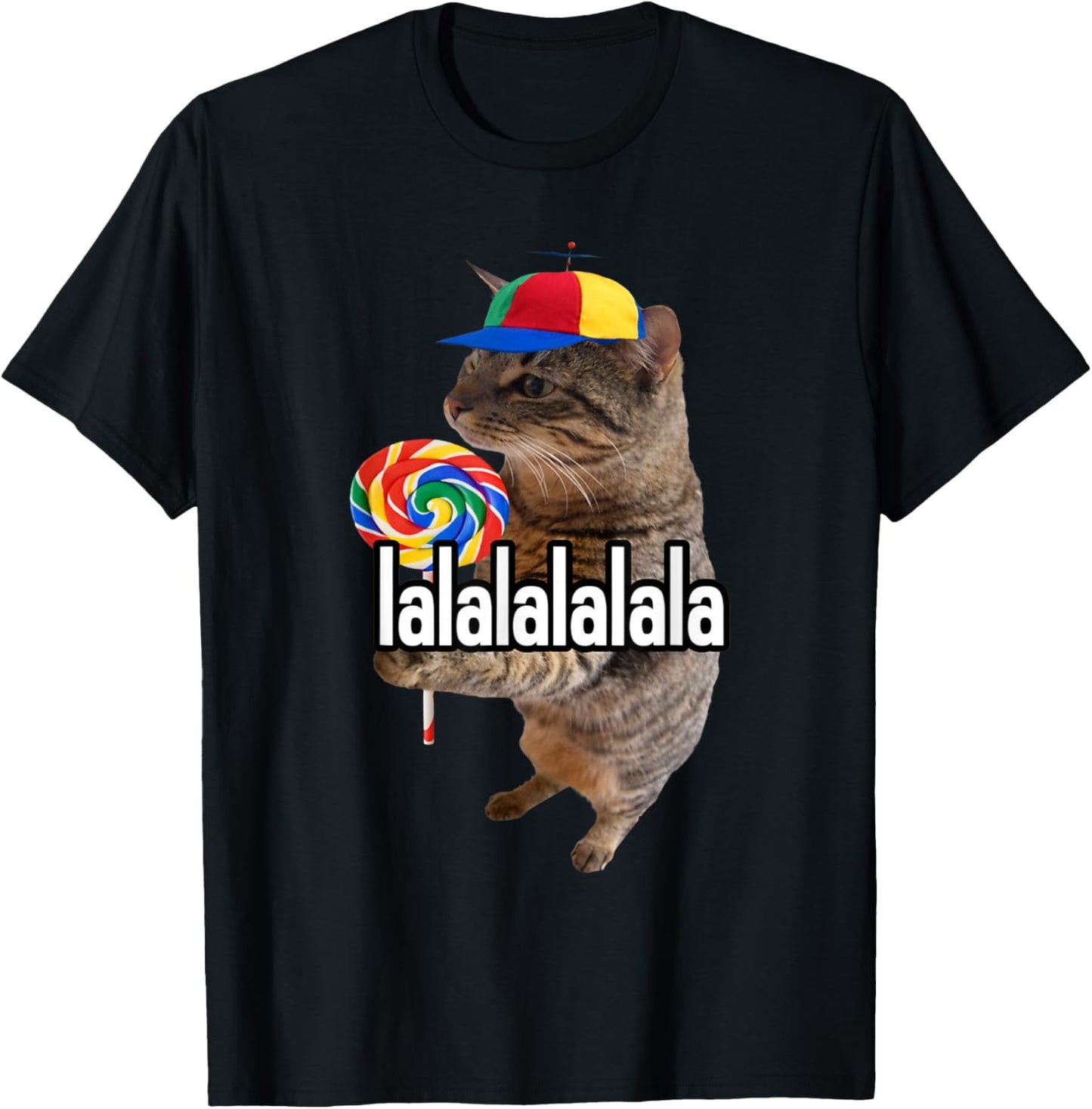 Lalalala Funny Silly Cat with Lollipop Meme Men Women T-Shirt - T-Shirt | Black