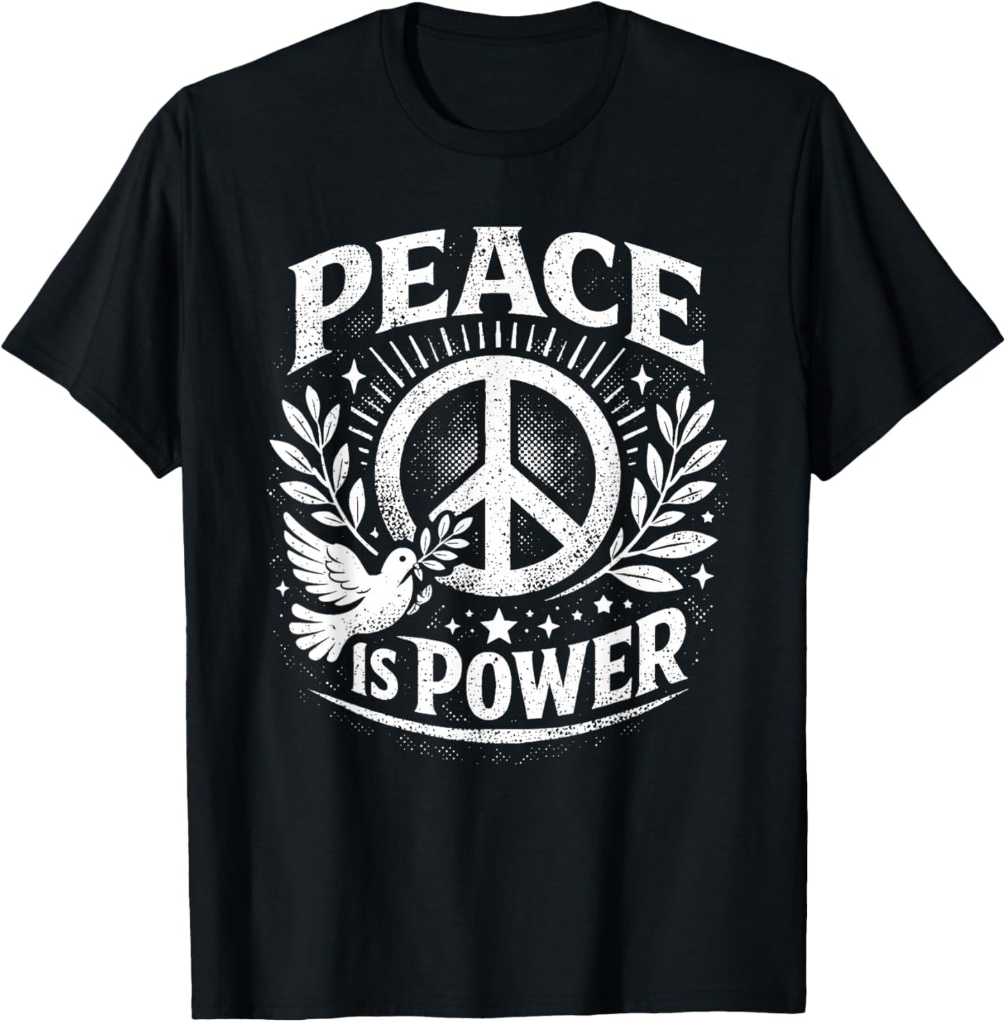 Peace is Power Retro Dove Laurel Peace Sign Unity Love Art T-Shirt - T-Shirt | Black