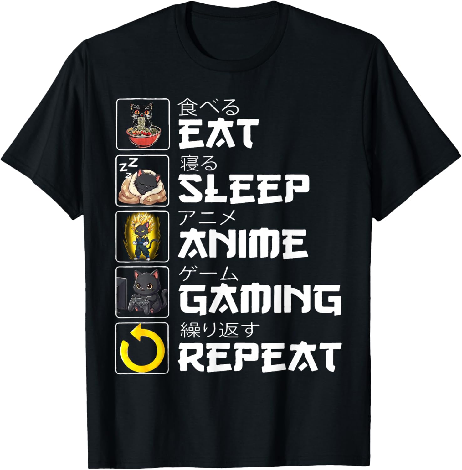 Funny Kawaii Anime Manga Eat Sleep Anime Gaming Repeat T-Shirt - T-Shirt | Black