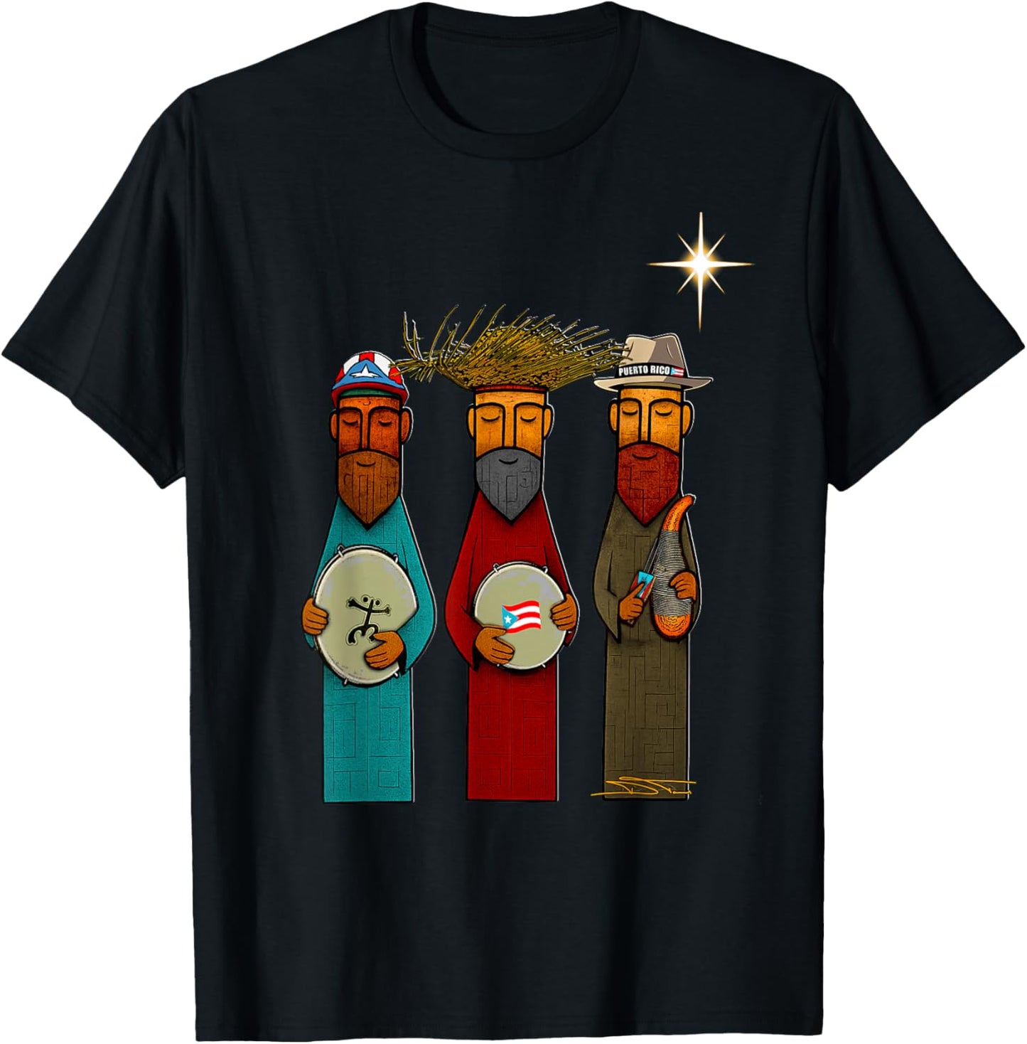 Puerto Rican Three Kings with Boricua Musical Spirit T-Shirt - T-Shirt | Black