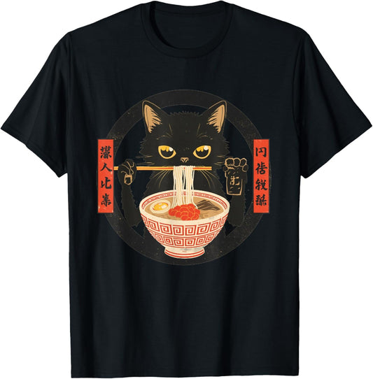 Kawaii Black Cat Ramen for Anime and Japanese Food Lovers T-Shirt - T-Shirt | Black