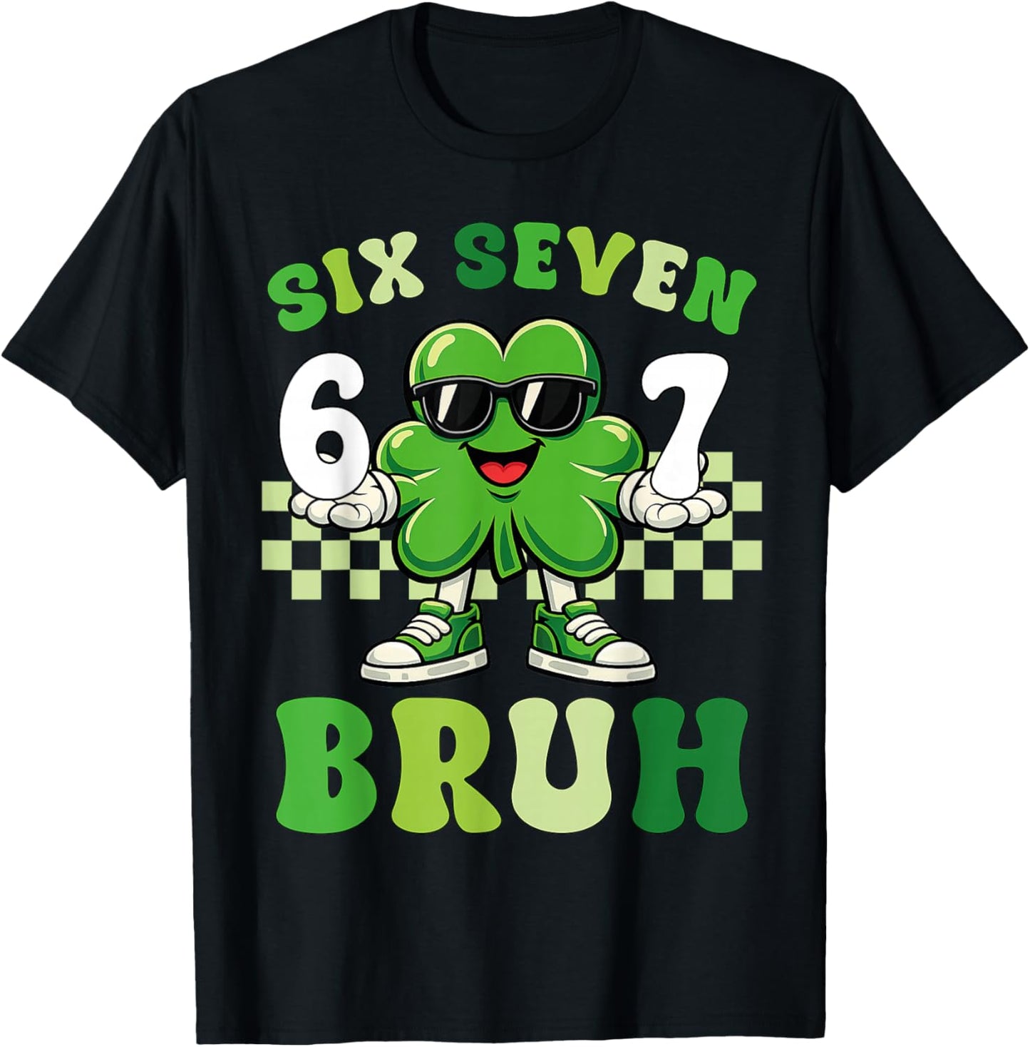 St Patricks Day Six Seven Bruh Meme 6 7 Shamrock Boys Kids T-Shirt - T-Shirt | Black