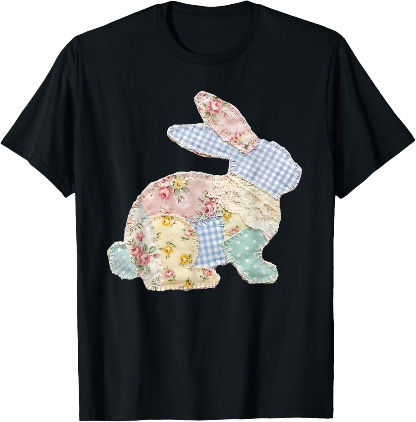 Funny Bunny Patchwork Rabbit Eggs Happy Easter Day Retro T-Shirt - T-Shirt | Black